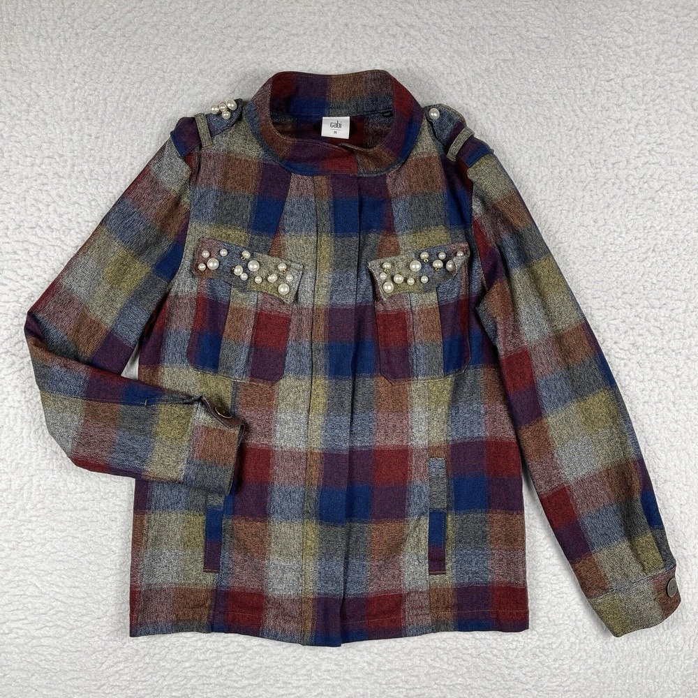Cabi Jacket Womens Medium Colorful Check Pearls Mock Neck Shirt Shacket Flannel